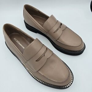BCBGeneration Taupe Leather Loafers with Chain-Trim Sole